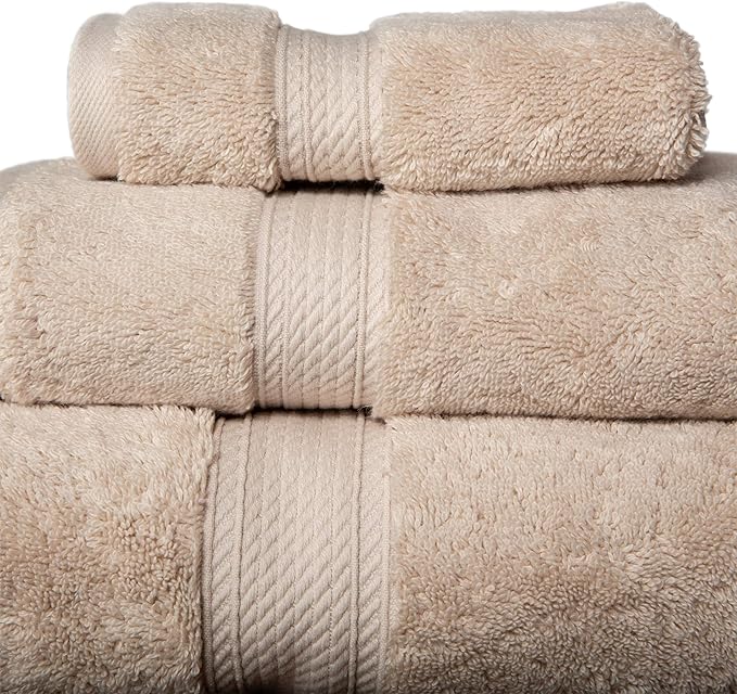 BLUENILEMILLS Buckingham Egyptian Cotton 3-Piece Towel Set, Washcloths, Hand Towels, Bath Towels, Stone