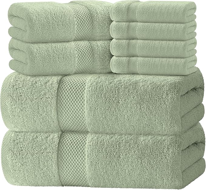 White Classic Luxury Bath Towel Set of 8 Pieces - 100% Turkish Cotton Highly Absorbent Towels for Bathroom, 2 Luxury Bath Towels 700GSM, 2 Hand Towels, 4 Washcloths, Green