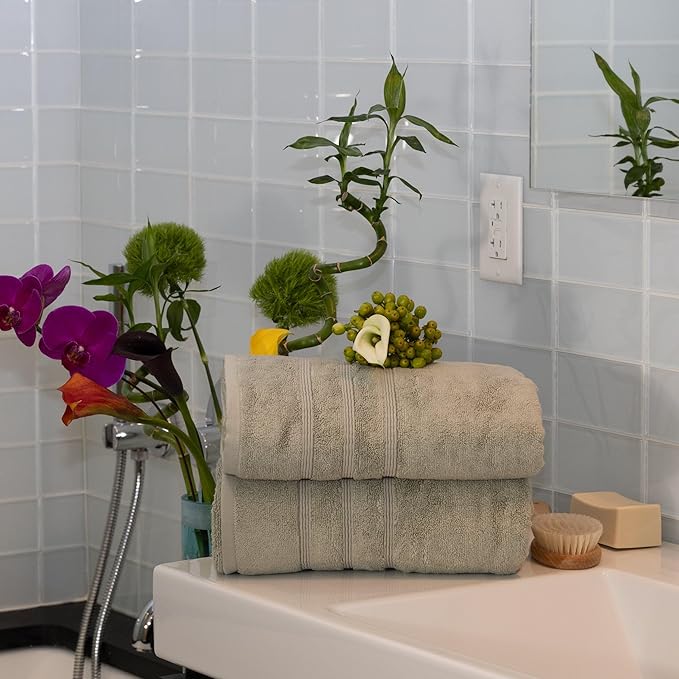 Mosobam Luxury Turkish Set of 2 Bath Towels 30X58 Seagrass Green 700 GSM Bamboo Viscose & Aegean Turkish Combed Cotton