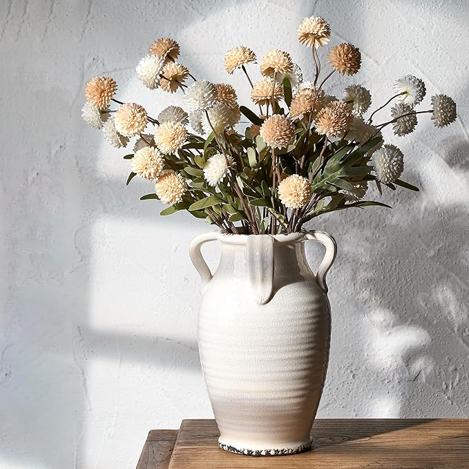 White Ceramic Vase with 4 Handles, 10.16" Tall Retro Ice Cracked Flower Vase, Antique Vases for Modern Farmhouse Home Decor, Wedding, Living Room, Table, Shelf Decor, Cracked White