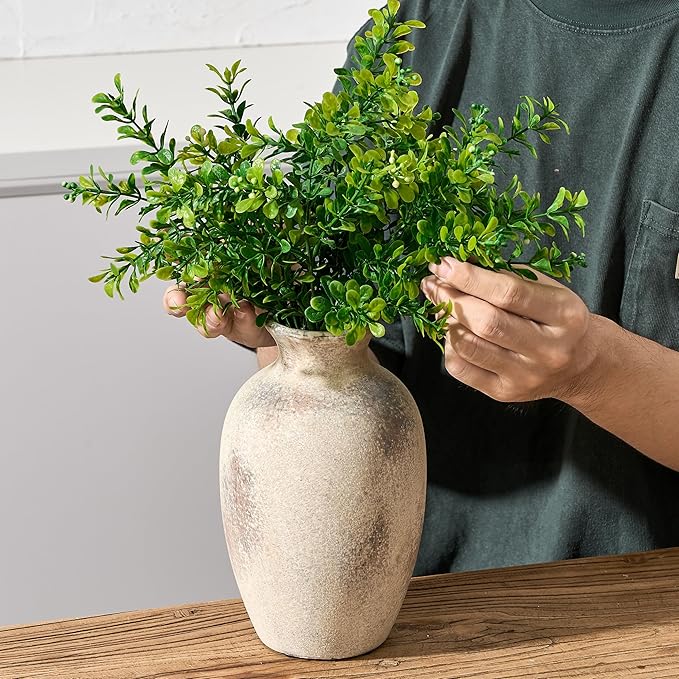 Ceramic Rustic Flower Vase, 8.27 Inch Vintage Pottery Home Decor, Antique Farmhouse Terracotta Vase for Living Room, Table, Shelf, Mantel Decoration, Farmhouse - Natural Brown