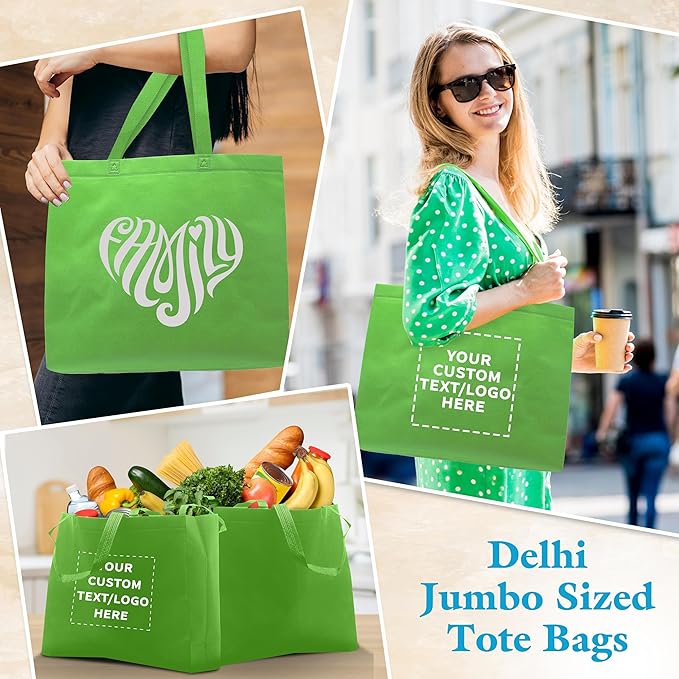 DISCOUNT PROMOS Custom Jumbo Sized Tote Bags Set of 50, Personalized Bulk Pack - Reusable Grocery Bags, Shopping Bags, Promotional Item Totes for Women - Lime Green