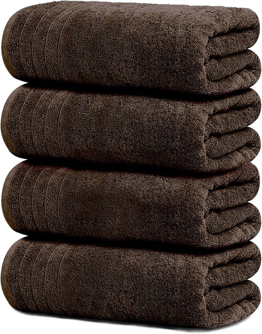 Tens Towels Pack of 4 Extra Large Bath Towels 30 x 60 Inches, 100% Cotton, Larger & Lighter Weight, Quicker to Dry, Super Soft and Absorbent, Perfect for Bathroom, Brown
