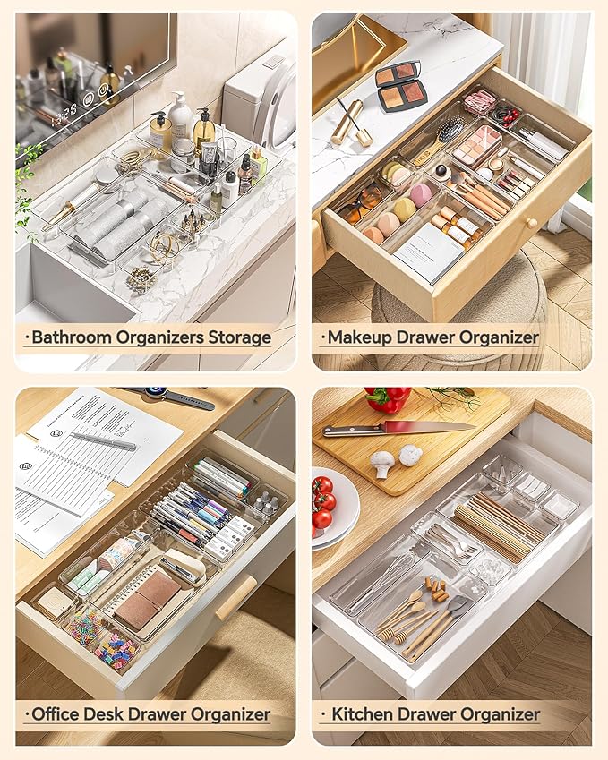 25 PCS Plastic Drawer Organizers Set, 4 Sizes Vanity Organizer, Makeup and Desk Drawer Organizer Trays, Organization and Storage for Makeup, Bathroom, Kitchen Utensils and Office (Clear)