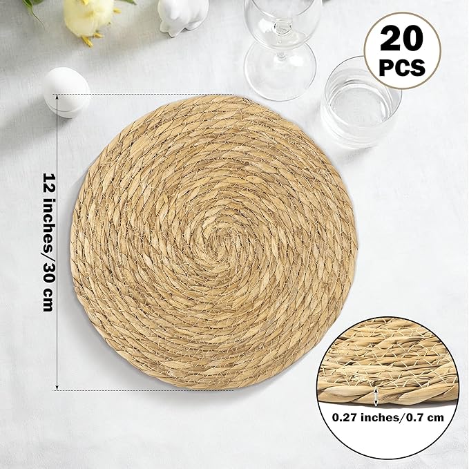 Elcoho 20 Pieces Round Woven Placemats 12 Inch Boho Rattan Placemats Farmhouse Braided Place Mats Woven Plate Chargers Rustic Wicker Table Mats for Dining Table
