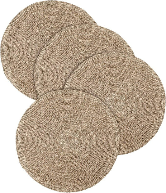 Hausattire Round Woven Placemats Set of 4 - Natural, Seagrass Heat Resistant Table Mats for Wedding, Restaurants, Party | Rattan Boho Easy Clean Circle Thanksgiving Placemat for Kitchen - 14 Inches