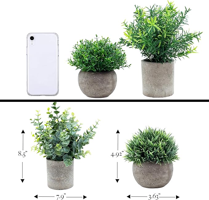 Artificial Plants for Home Decor Indoor. 4 Mini Plants, Rosemary Faux Plant Decor, Eucalyptus Plant, Grass Plants. Small Fake Shelf or Desk Greenery Décor