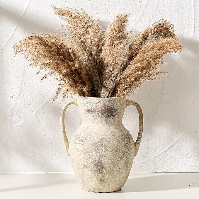 Antique Ceramic Rustic Vase with 2 Handles, Farmhouse Round Flower Vase, Vintage Terracotta Vases for Home Decor, Wedding, Living Room, Table, Shelf Decor - 8.6 Inch Tall, Terra