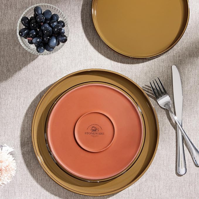 Herogo 12 Pieces Stoneware Dinnerware Set for 4, Ceramic Dinner Dishware Sets for Home Kitchen, Plates and Bowls with Rustic Terracotta Bottom, Dishwasher & Microwave Safe, Earthen Brown