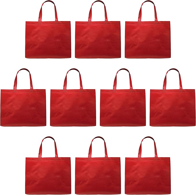 DISCOUNT PROMOS Jumbo Sized Tote Bags Set of 10, Bulk Pack - Reusable Grocery Bags, Shopping Bags, Promotional Item Totes for Women - Red