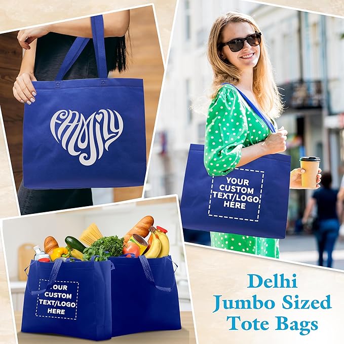 DISCOUNT PROMOS Custom Jumbo Sized Tote Bags Set of 100, Personalized Bulk Pack - Reusable Grocery Bags, Shopping Bags, Promotional Item Totes for Women - Blue