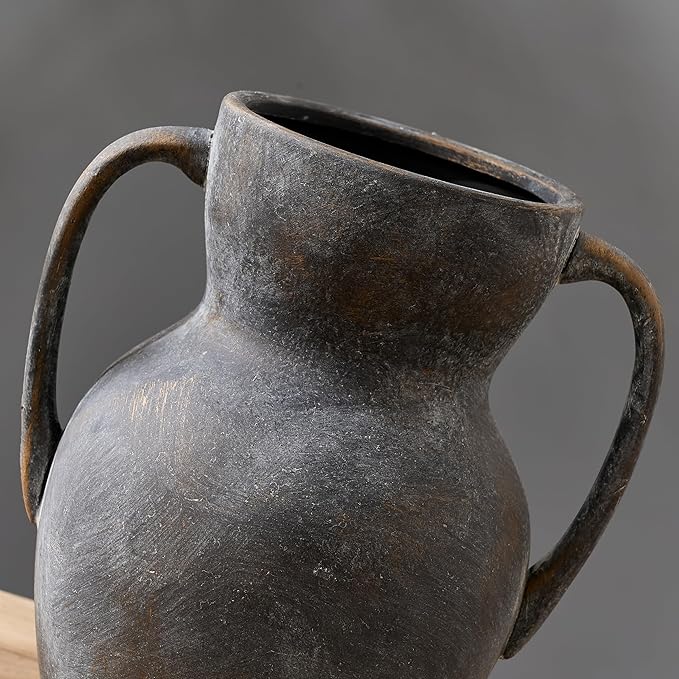 Antique Ceramic Rustic Vase with 2 Handles, Farmhouse Round Flower Vase, Vintage Terracotta Vases for Home Decor, Wedding, Living Room, Table, Shelf Decor - 8.6 Inch Tall, Black Bronze