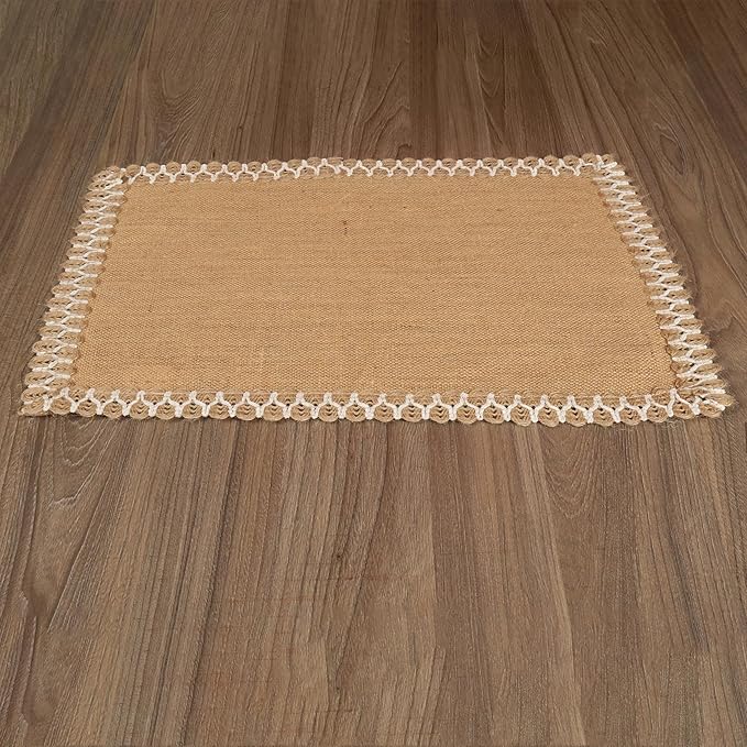 Hausattire Jute Burlap Placemat 14x14 Inches - Natural, Lace Design Edges Table Mats for Bar Table Indoor Outdoor Rustic Thanksgiving Farmhouse Kitchen Coffee Dinner Table Decor Mats - Set of 4