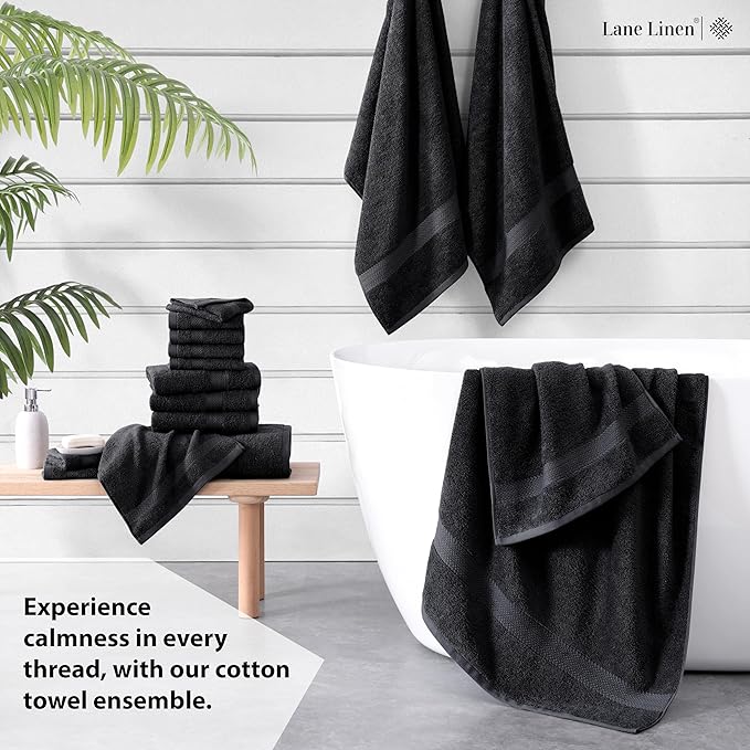 LANE LINEN 100% Cotton Luxury Towel Set for Bathroom - 16 Pieces, Ring Spun - Super Plush, Very Soft & Absorbent - 4 Bath Towels, 8 Washcloths, 4 Hand Towels - Suitable for All Skin Types - Black