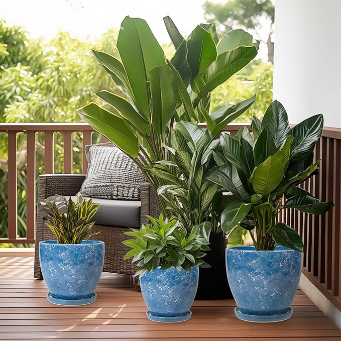 8 Inch Plant Pot - Ceraimc Planter for Indoor Outdoor Plants, Round Flower Pot with Drainage and Saucer, Decorative Planter, Porch Room Office House Decor, Gardening Gifts for Women, Blue