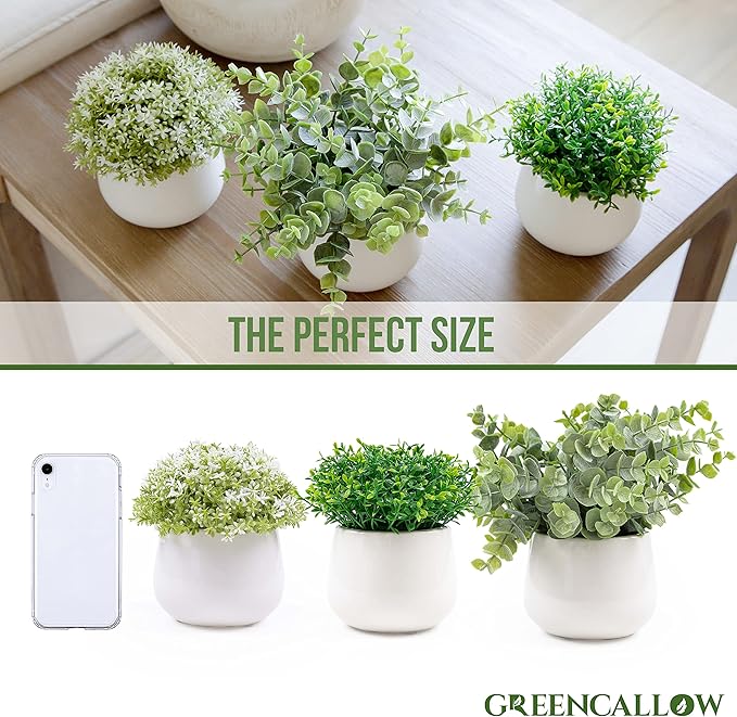 Artificial Plants for Home Decor Indoor. 4 Mini Plants, Rosemary Faux Plant Decor, Eucalyptus Plant, Grass Plants. Small Fake Shelf or Desk Greenery Décor (Ceramic-3)