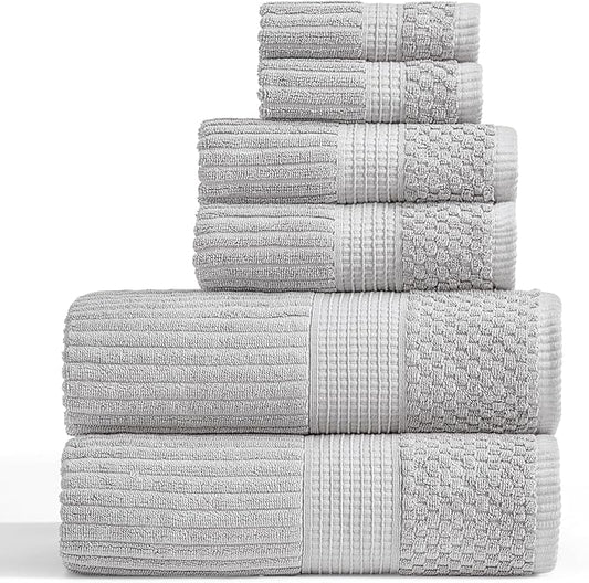 Springtree Home 100% Cotton Towel Set | 6 Piece Set | Super Soft & Absorbent Quick-Dry 2 Bath Towels 2 Hand Towels & 2 Washcloths | Textured and Durable Cotton | Krista Collection - High Rise Grey