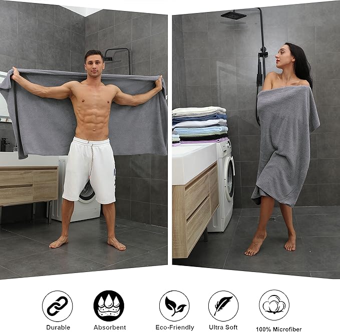 8-Piece Gray Bath Towel Set, 2 Extra Large Bath Towel Sheets, 2 Hand Towels and 4 Washcloths - Highly Absorbent Quick Dry Microfiber,Ultra Soft Towel Set for Bathroom, Waffle Weave Design, Pack of 8