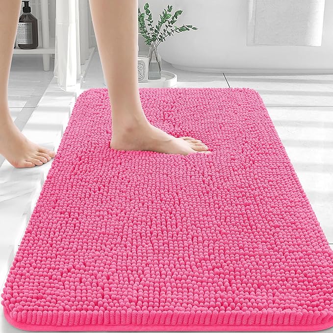 OLANLY Bathroom Rugs 36x24, Extra Soft Absorbent Chenille Bath Rugs, Rubber Backing Quick Dry, Machine Washable Bath Mats for Bathroom Floor, Tub and Shower, Home Decor Accessories, Hot Pink