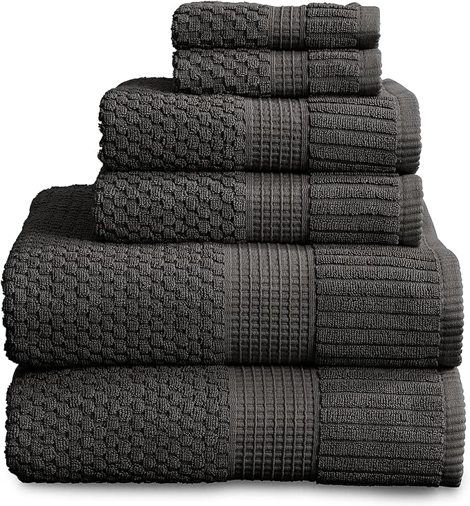 NY Loft 100% Cotton Towel Set 6 Piece | Super Soft & Absorbent Quick-Dry 2 Bath Towels 2 Hand Towels and 2 Washcloths |Textured and Durable Cotton | Trinity Collection (6 Piece Set, Dark Grey)