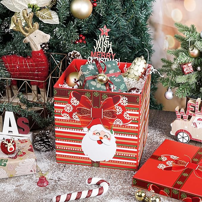 RUSPEPA Christmas Gift Box with Lid, Santa Claus and Red Bow Design, Medium Collapsible Gift Box with Ribbon and Tissue Paper for Holiday Party, Gift Wrapping, Candy Storage, 9x9x9 Inches, 1 Pcs