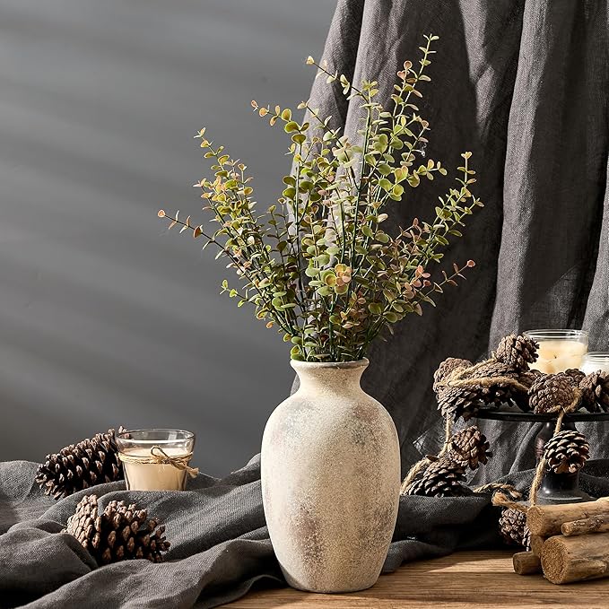 Ceramic Rustic Flower Vase, 8.27 Inch Vintage Pottery Home Decor, Antique Farmhouse Terracotta Vase for Living Room, Table, Shelf, Mantel Decoration, Farmhouse - Natural Brown