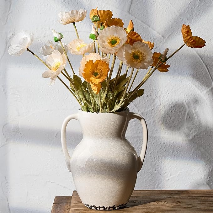 White Ceramic Rustic Vase with 2 Handles, Modern Farmhouse Round Flower Vase, Antique Decorative Vases for Home Decor, Wedding, Living Room, Shelf Decor - 8.3 Inch Tall, Ice Cracked White