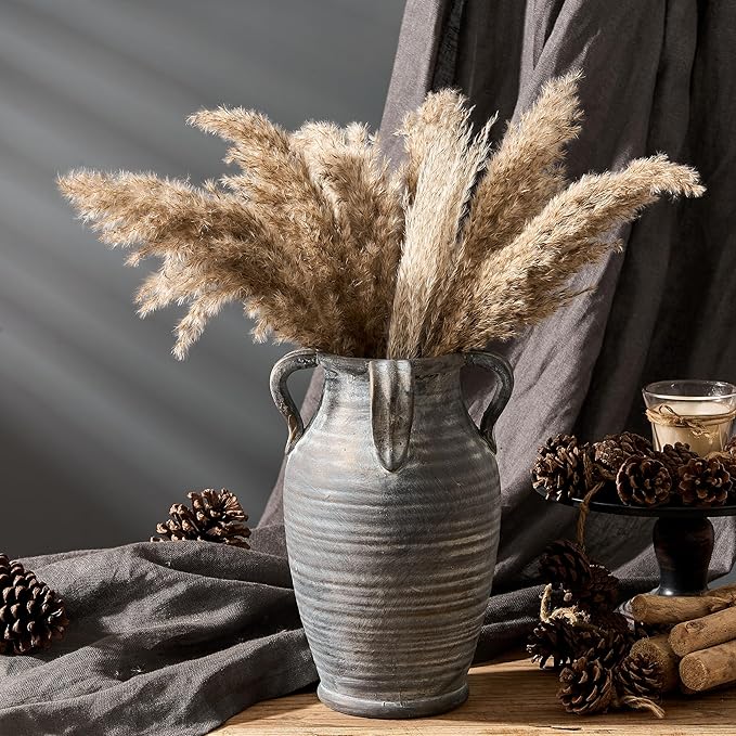 Handmade Ceramic Vase with 4 Handles, 10.83" Tall Farmhouse Rustic Terracotta Flower Vase, Vintage Vases for Home Decor, Wedding, Living Room, Table, Shelf Decor, Black Bronze