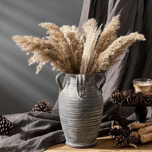 Handmade Ceramic Vase with 4 Handles, 10.83" Tall Farmhouse Rustic Terracotta Flower Vase, Vintage Vases for Home Decor, Wedding, Living Room, Table, Shelf Decor, Black Bronze