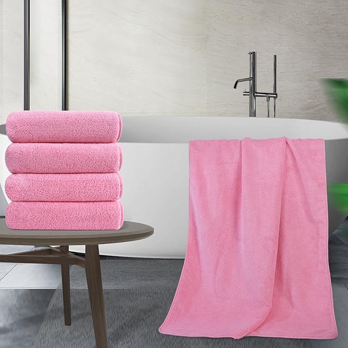 POLYTE Microfiber Quick Dry Lint Free Bath Towel, 57 x 30 in, Pack of 4 (Pink)