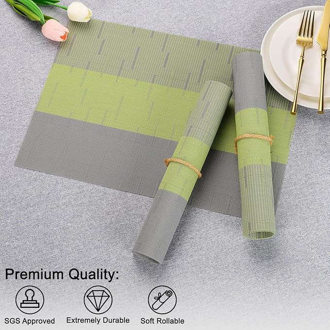Placemats Set of 4, Vinyl Woven Place Mats Indoor Set of 4 Washable Wipeable PVC Table Mats Heat-Resistant Non Slip Placemat for Kitchen Dining Outdoor Table (Gray Grass Green, Set of 4)