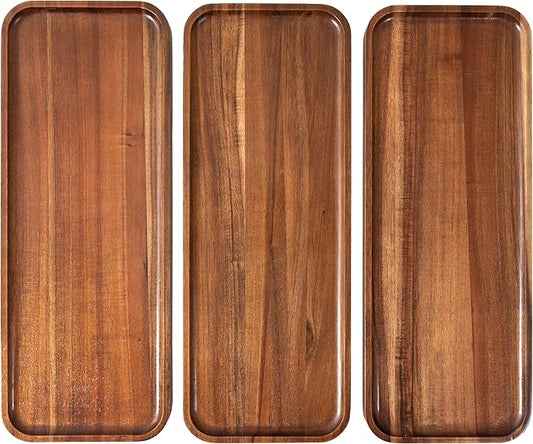 Large Solid Acacia Wood Serving Trays (17 x 6.5 inches) Rectangular Wooden Serving Platters for Home Decor, Food, Vegetables, Fruit, Charcuterie, Appetizer Serving Tray, Cheese Board (Set of 3 Plates)