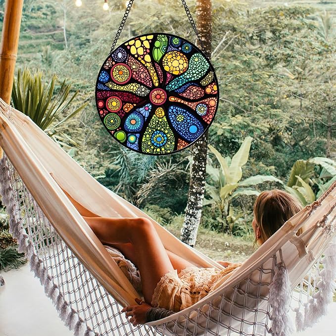 Stained Glass Window Hanging Colorful Abstract Plants Large 15" - Retro Boho Suncatcher Door Garden Sun Catcher Home Decor Birthday Christmas for Mom Men Woman Nana