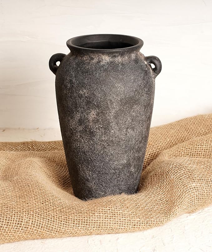 Terracotta Vase 10inch Tall, Farmhouse Distressed Ceramic Pottery, Unique Textured Stoneware Mantel Decoration, Black Boho Vintage Stone Vases for Flowers, Centerpieces, Living Room.