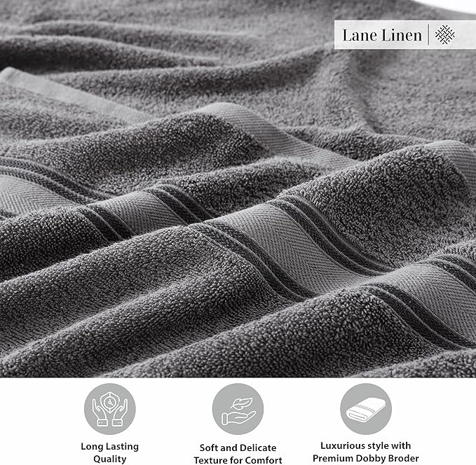 LANE LINEN 100% Cotton 4 Pack Bath Towels Set (30"x60") - Zero Twist, Large Cotton Towels for Bathroom - Quick Dry, Soft & Absorbent Bath Towel Set - Remains Soft After Multiple Washes - Cool Grey