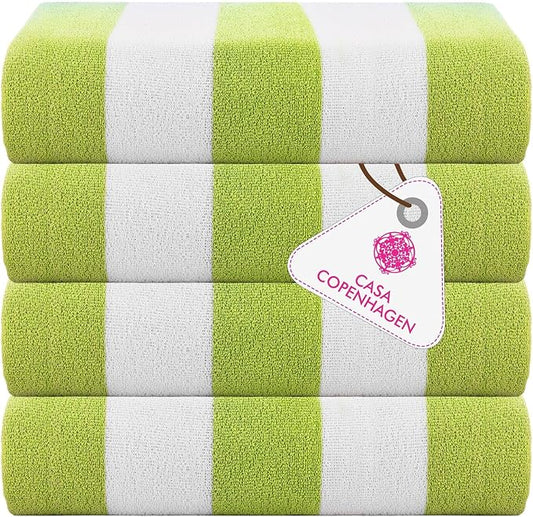 CASA COPENHAGEN Cabana Beach Designed in Denmark Rough and Tough, Quick Dry, Pool, Bath & Shower 30x60 inches 4 Pieces Cotton Beach Bath Towels Set - Green
