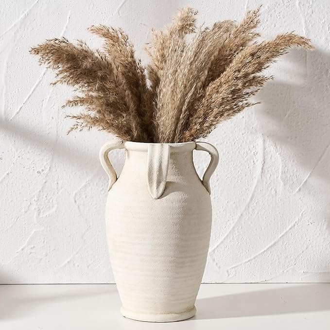 Handmade Ceramic Vase with 4 Handles, 10.83" Tall Farmhouse Rustic Vase, Decorative Pottery Flower Vases for Home Decor, Wedding, Living Room, Table, Shelf Decor, White