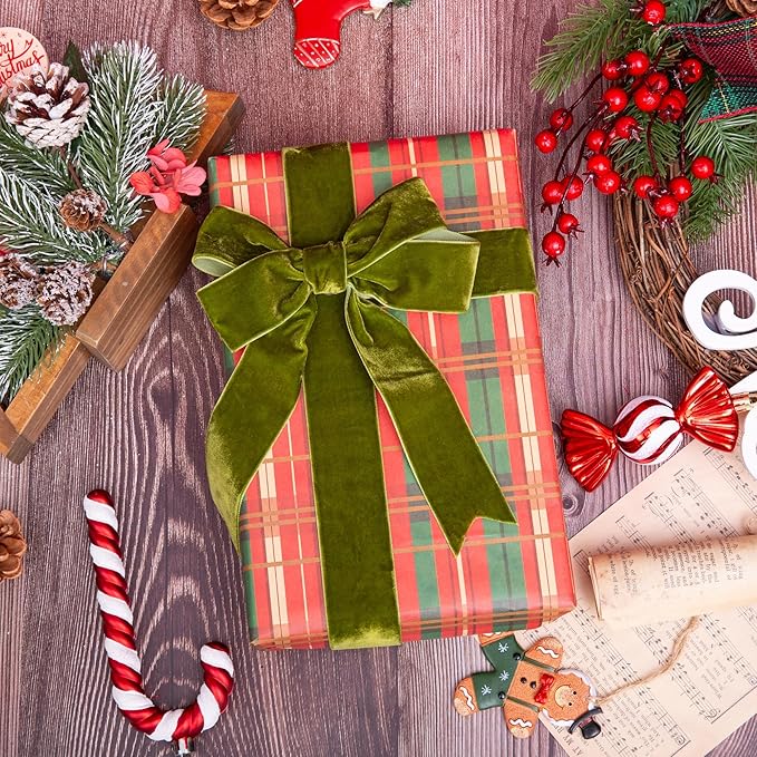 Vintage Moss Green Velvet Ribbon Christmas Ribbon for Gift Wrapping Crafts Christmas Tree Ornaments Garland Decorations, 1-1/2 Inch X 25Yd