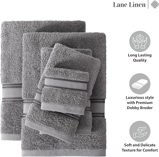 LANE LINEN 100% Ring-Spun Cotton Bath Towels Set of 18 – Zero Twist, 6 Bath, 6 Hand Towel & 6 Washcloths, Soft, Ideal for Spa Hotel & Home, Gentle on Body, Durable After Multiple Washes – Cool Grey