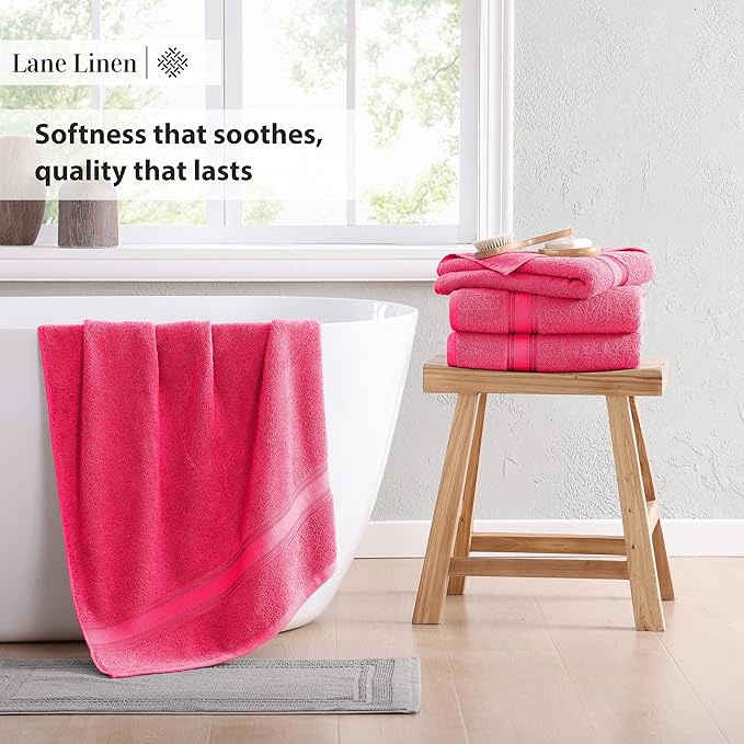 LANE LINEN 100% Cotton Large Bath Towels Set of 4 (30"x60") - Zero Twist, Mercerized Cotton Bathroom Towel 4 Pack - Quick Dry, Soft & Absorbent Large Towels Set - Dorm Essentials for Girls - Fuchsia