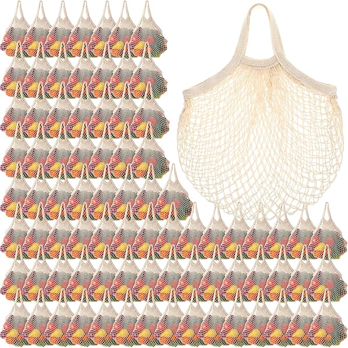 Paterr 80 Pack Cotton Mesh Produce Bags Bulk Reusable Market Bag Washable Net Grocery Purse String Shopping Tote Beach Organizer for Vegetable Fruit Picnic Food Storage (Short Handle,Beige)
