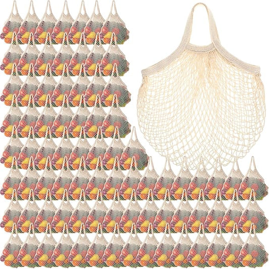 Paterr 80 Pack Cotton Mesh Produce Bags Bulk Reusable Market Bag Washable Net Grocery Purse String Shopping Tote Beach Organizer for Vegetable Fruit Picnic Food Storage (Short Handle,Beige)