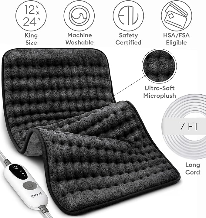 GENIANI Electric Throw – Heated Throw Blanket & Electric Blanket Throw, Heating Pad for Back Pain & Cramps Relief, Auto Shut Off, Washable, Moist Heat Pad for Neck & Shoulder (12"x24" Jet Black)