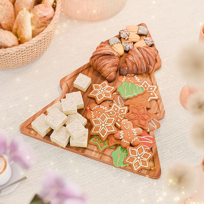New – 17-Inch Long Large Christmas Tree Charcuterie Board – Acacia Wood Christmas Cutting Board (17x12.5in) Holiday Serving Tray, Winter Cheese Board, Wooden Christmas Platter & Kitchen Decor Gift