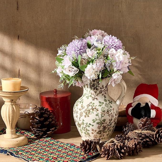 SIDUCAL Ceramic Vase with Handle, Vintage Vase, Chinoiserie Floral Vase for Home Decor, Table, Living Room, Shelf, Christmas Decoration (Green and Beige)