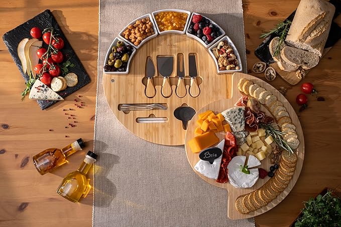 ChefSofi Charcuterie Cheese Board and Platter Set - Made from Bamboo Wood - US Patented 16 inch Cheese Cutting Board and Knife for Entertaining and Serving - 4 Knives - 5 Bowls - 2 Markers - 4 Forks