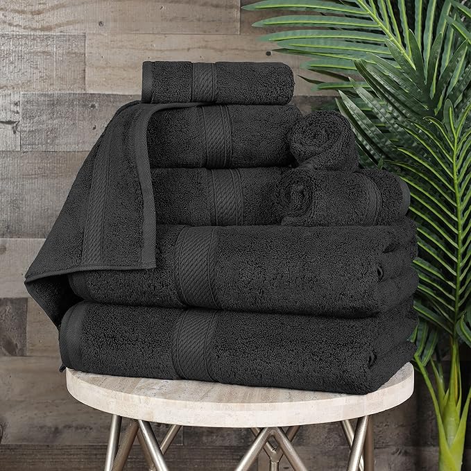 BLUENILEMILLS Madison Egyptian Cotton Towels, Towel Set for Bathroom, Shower, Hotel, Plush, 900 GSM, Highly Absorbent and Ultra-Soft Towels, Bath Essentials, 8 Piece Assorted Towel Set, Black