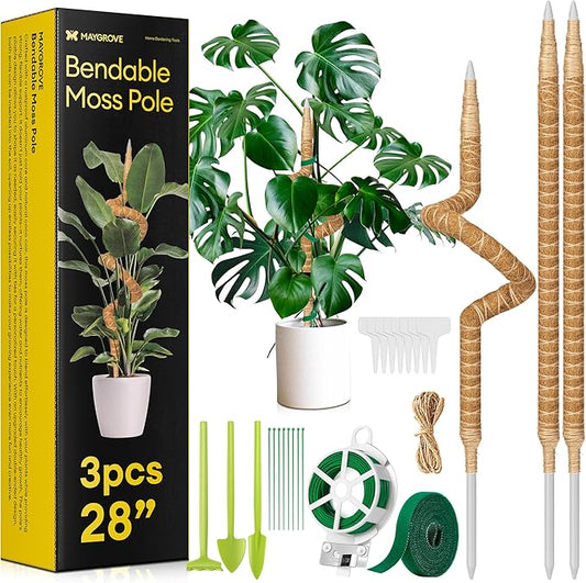 3-Pack 28” Bendable Moss Pole Monstera Plant Support for Climbing Indoors Plants, Coir Moss Poles Sticks DIY, Plant Support Stake for Potted Plants