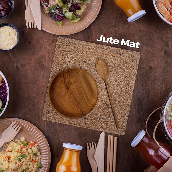 Craft Trade Set of 6 Hand Braided Jute Placemats Fiber Rustic Vintage Farmhouse Dining Table Mat for Parties Birthday BBQ 13x13 Inch Natural