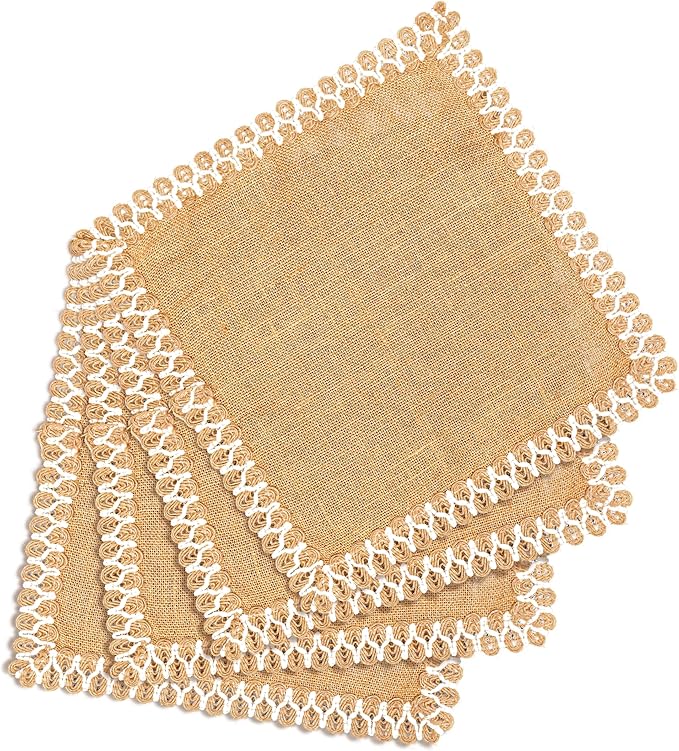 Hausattire Jute Burlap Placemat 13x19 Inches - Natural, Lace Design Edges Table Mats for Bar Table Indoor Outdoor Rustic Thanksgiving Farmhouse Kitchen Coffee Dinner Table Decor Mats - Set of 4